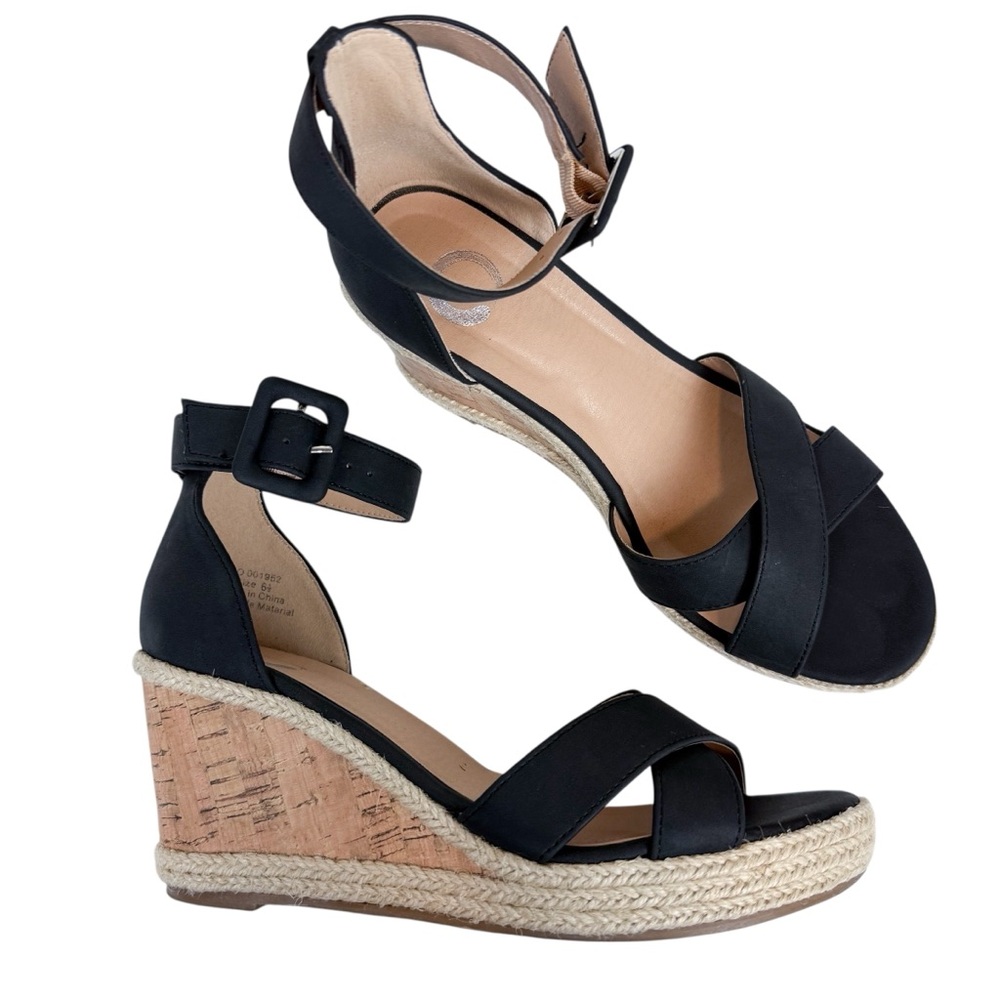 Journee Collection Telyn Espadrille Wedge Sandals Black Faux Leather Size 6.5